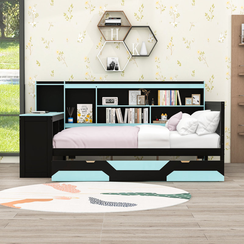 Wood Daybed with Desk and Drawers,Shelves, Full, Black/Blue