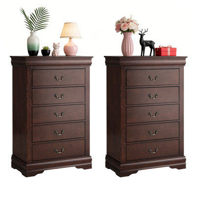 Ensemble de chambre à coucher 2 pièces, commode en bois massif de 5 tiroirs ， Aucun assemblage requis