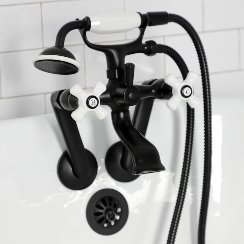 Kingston Brass Kingston Three-Handle 2-Hole Tub Wall Mount Clawfoot Tub Faucet with Hand Shower, Matte Black