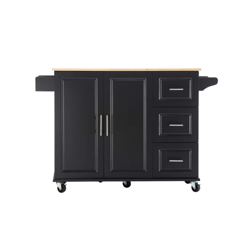 Îlot de cuisine et chariot de cuisine, îlot de cuisine mobile avec plateau en bois d'hévéa extensible