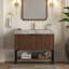 Meuble-lavabo de salle de bain 36 po YOLAN, armoire de rangement autoportante en contreplaqué rayé avec tiroir et tablette ouverte, plateau en pierre frittée gris clair et lavabo en céramique encastré, pré-assemblé, couleur grain de bois de chêne Corolla-258936876
