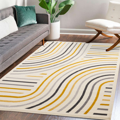 Fresno Cream Blue Yellow Curved Lines Area Rug