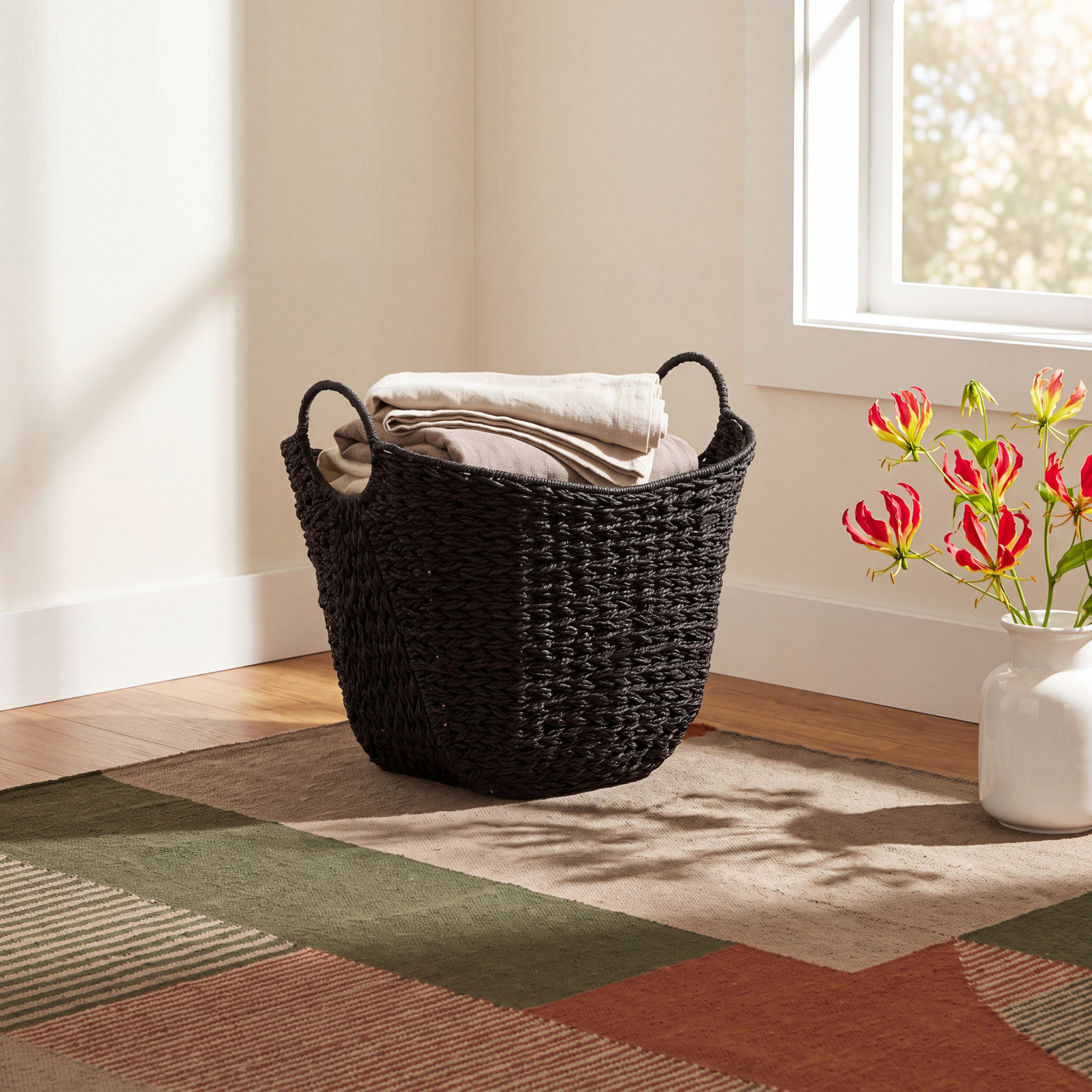 Handwoven Jute Storage Bin, Black