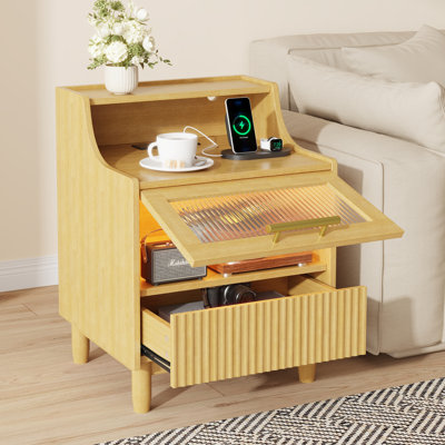 Fluted Nightstand with Drawer & Transparent Storage, End Table with Charging Station and Light for Bedroom Living Room, Natural