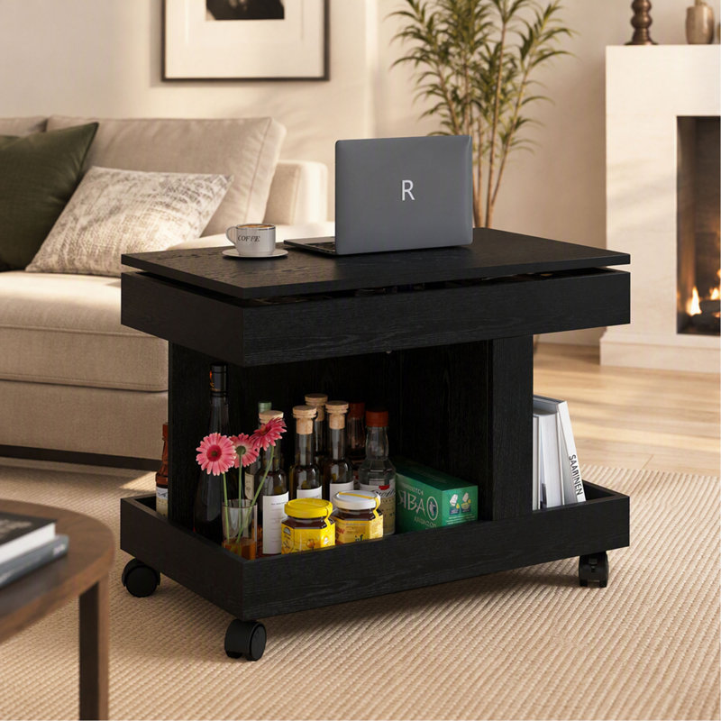Table basse à roulettes avec plateau pivotant à 360°, compartiment de rangement et compartiment de rangement intégré – Noir