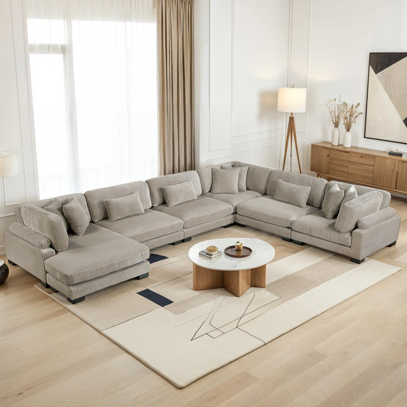 Hulett 135" Modern Modular Sectional with Corduroy Fabric, Adjustable Backrests & 9 Pillows, Taupe Corduroy