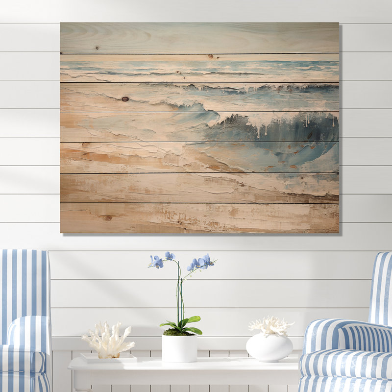 Golden and Blue Beach Tranquility I - Coastal Beach, art mural sur bois de pin naturel, H 24 po x l 32 po