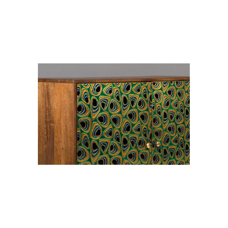 Meena Gold and Black Mango Wood Accent Cabinet with Peacock Feather Inlay