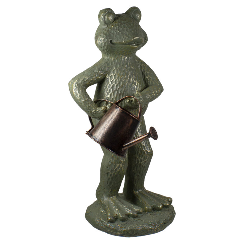 17" Gold Verdigris Frog with Watering Can Garden Statue