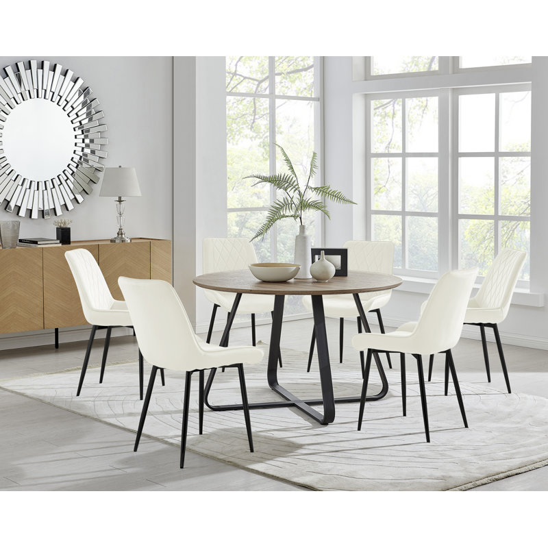 Sandy Classic Wood Effect & Metal Dining Table Set with 6 Luxury Velvet Dining Chairs, Cream/Black