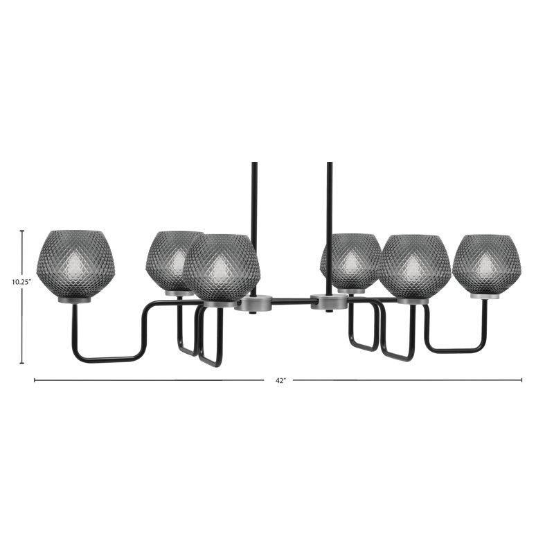 Luminaire îlot 6 lumières Amarmula, noir mat et finition graphite, verre texturé fumée 6 po, Transparent/noir, Noir / nickel