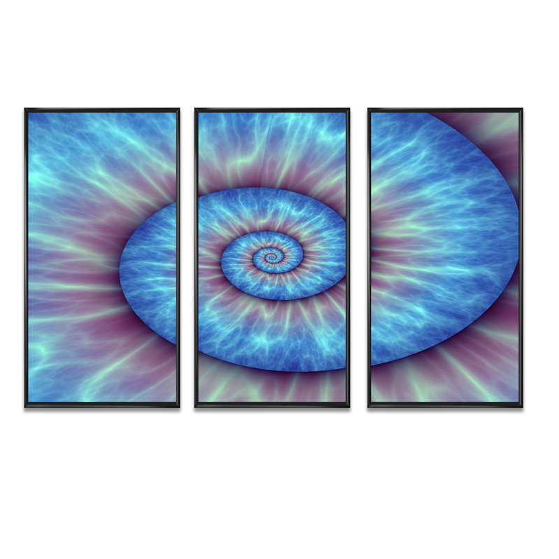 Motif de Fibonacci bleu - 3 pièces, cadre flottant, impression sur toile, H 28 po x l 36 po x P 1 po, Cadre noir