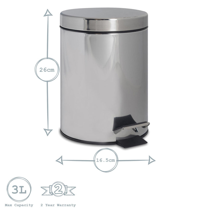 Harbour Housewares 3L Round Bathroom Pedal Bin, Chrome