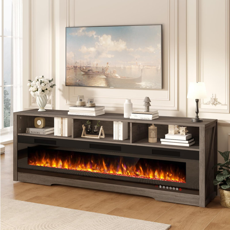 Alazik TV Stand for TVs up to 75" with Fireplace Included, Grey