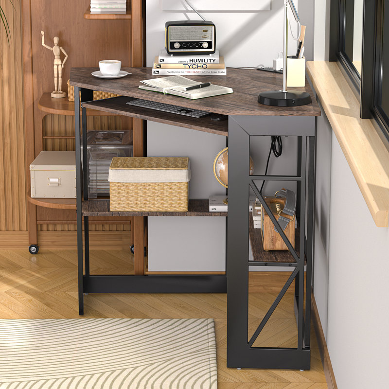 Lambrecht Corner Desk With Outlets & USB Ports, Triangle Computer Desk With Charging Station, Storage Shelf, Space Saving Writing Desk For Small Space