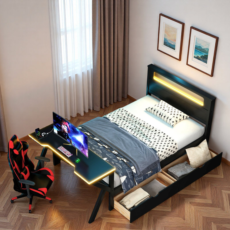 Lit plateforme en bois avec tête de lit, bureau à DEL, station de charge et 2 tiroirs de rangement, Lit simple