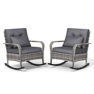 2-Piece Outdoor Wicker Rocking Bistro Set, Rattan Rocking Chairs with Thick Cushions & High Back for Porch or Patio