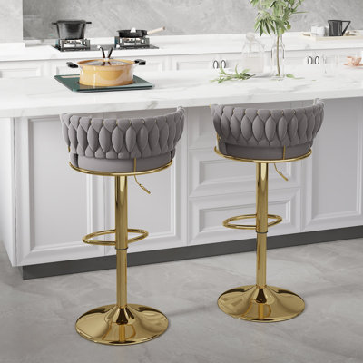 George Set of 2 Bar Stools with Woven Velvet Upholstered Backrest, Height Adjustable Counter Stools, Swivel Kitchen Stools for Kitchen Island, Bar, Gray