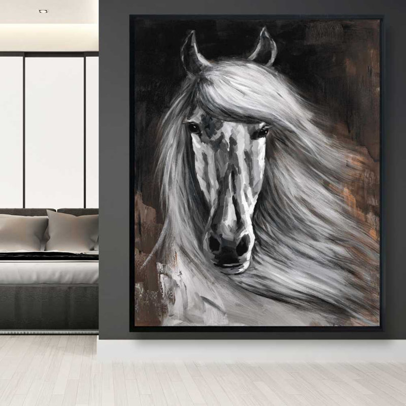 Cheval blanc - Toile encadrée rustique brune pour la décoration intérieure, H 61,25 po x l 49,25 po