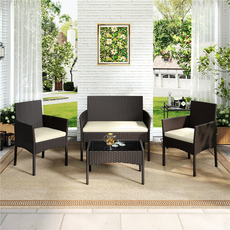 4 PCS Outdoor Reception Set Patio Rattan Sofa and Table Suite Outdoor Table with Tempered-Glass Tabletop, Brown, Beige