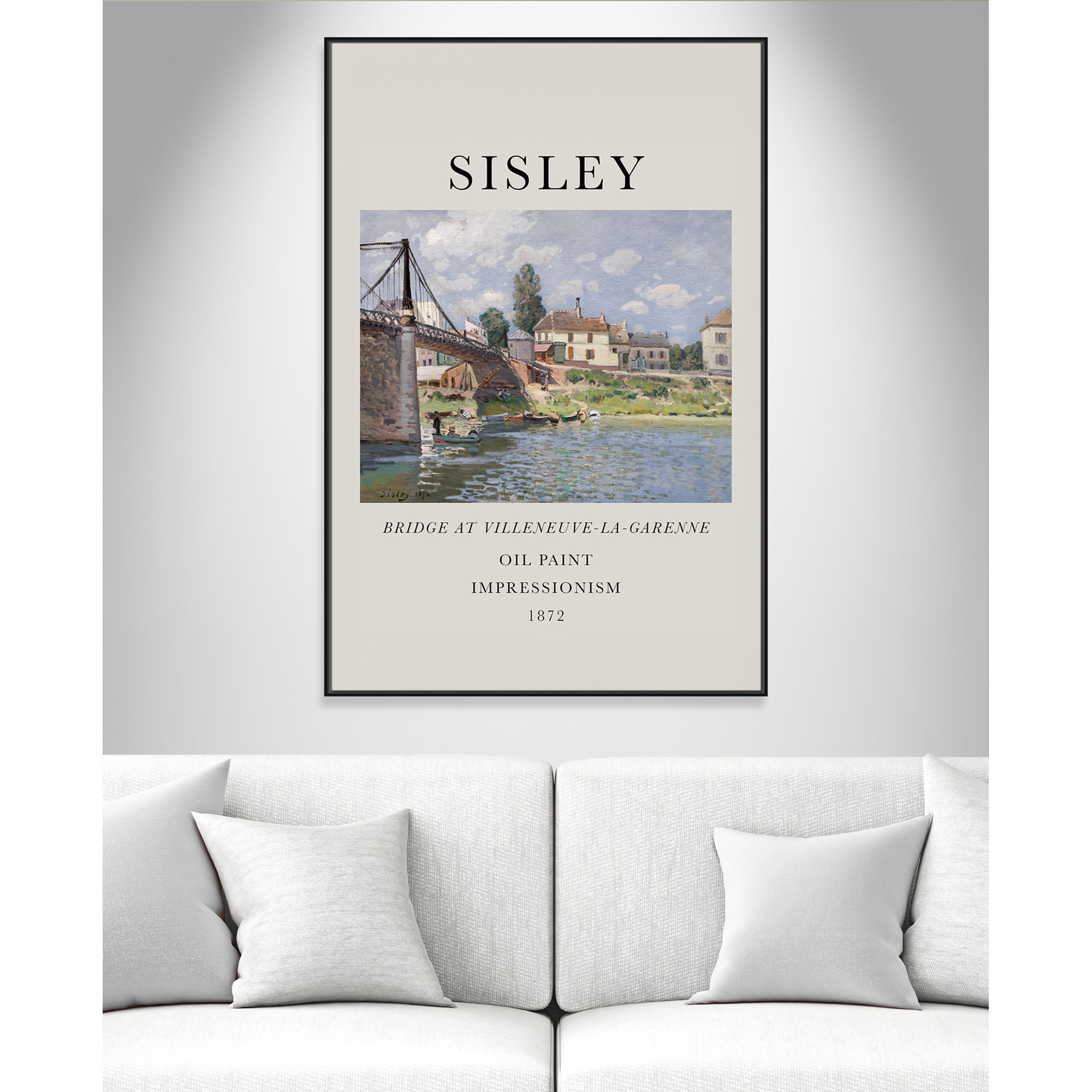 Old Masters Collection " The Bridge At Villeneuve " by Alfred Sisley, Black Floater Frame, No, 61.5" H x 41.5" W x 2" D