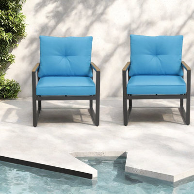 Modern Patio Lounge Chairs Set Of 2, Steel Frame, Blue Cushions, Outdoor