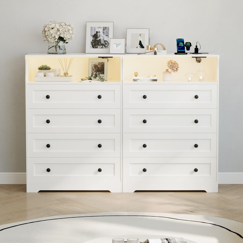 Grande commode 4 tiroirs avec lumière DEL et chargement USB, commode verticale moderne pour chambre à coucher, placard, entrée, chambre de bébé, salon