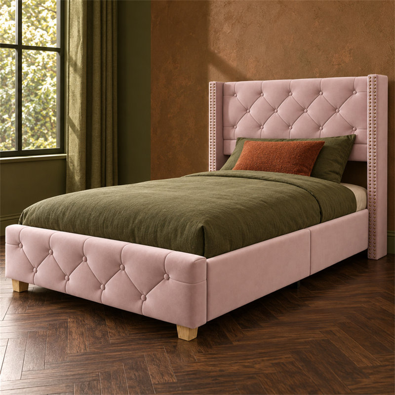 Pink Velvet Upholstered Bed 90 x 190cm with Button Tufted Headboard, Footboard and Studded Wings, Pink