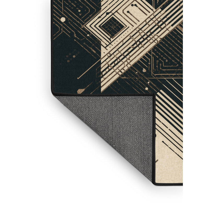 Soft Plush Hewson Human Machine Interface Modern Geometric Area Rug in Black – Black Binding, 2x3