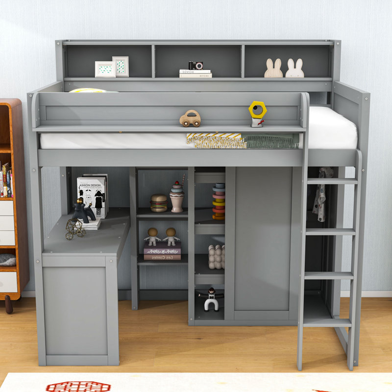 Lit mezzanine simple avec tablettes et garde-robe, gris