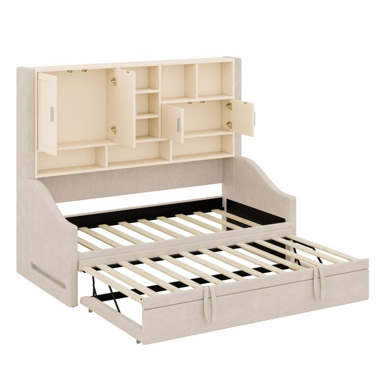 Lit de jour rembourré avec lumières d'accoudoirs à DEL, tablettes et armoires de rangement, relevable coulissant, Beige