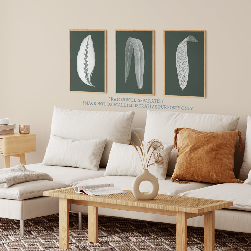 Forest Green Plant Tree Leaf Detailed Foliage Botanical Invert Colour - 3 Piece No Frame Print Set