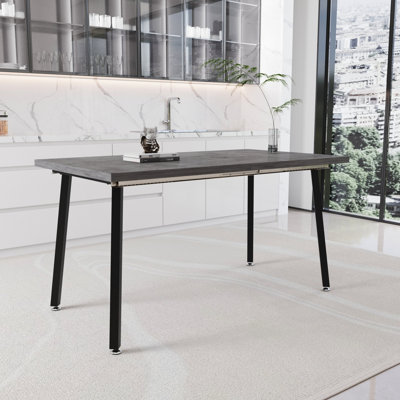 Table de salle à manger rectangulaire moderne, extensible, grise avec pieds en métal noir, style industriel médiéval pour les repas extensibles à usage quotidien