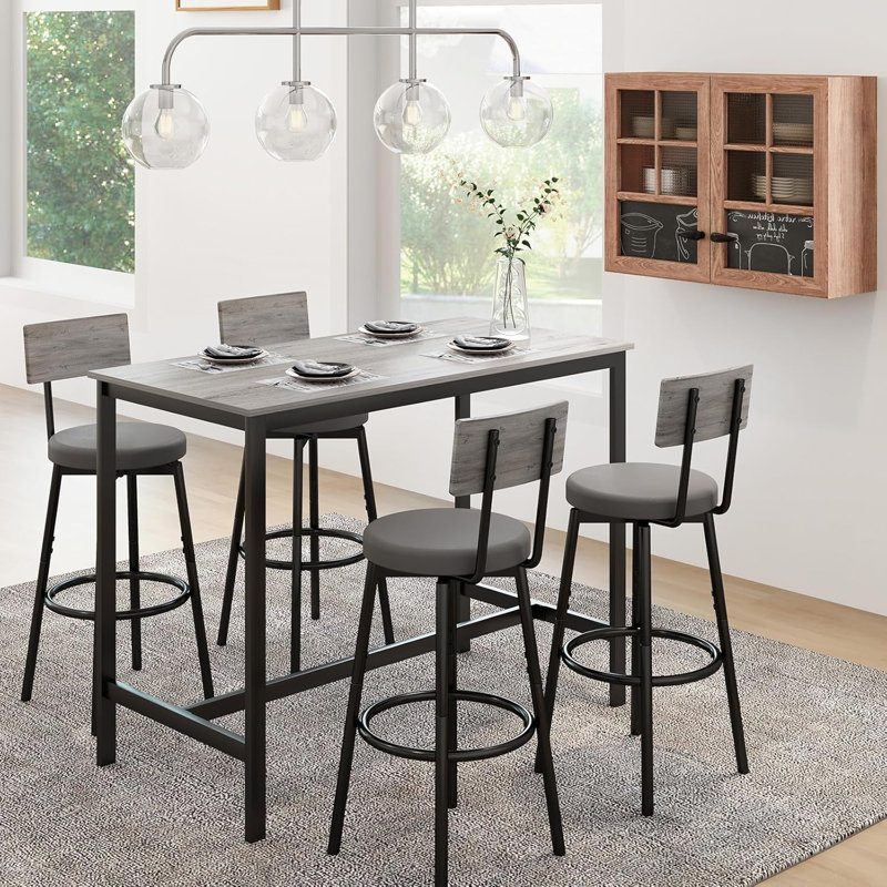 5 Piece Bar Table Set with 4 Bar Stools PU Soft Seat and Sturdy Metal Frame, Grey, Gray/Black