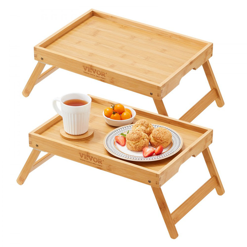 Ensemble de 2 tables-plateaux avec pieds pliables, plateau-repas en bambou pour canapé, lit, repas