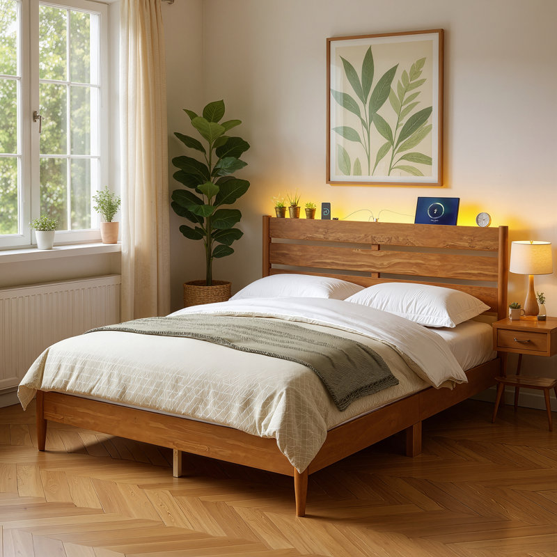 Bed Frame With Solid Wood Legs Slats,Headboard, LED Lights, Charging Station, Caramel Brown, Queen