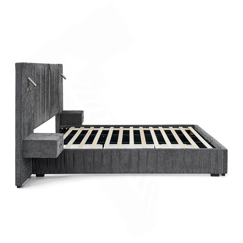 Très grande base de lit tapissier avec table de chevet intégrée, lampes réglables, Très grand lit, Gris foncé