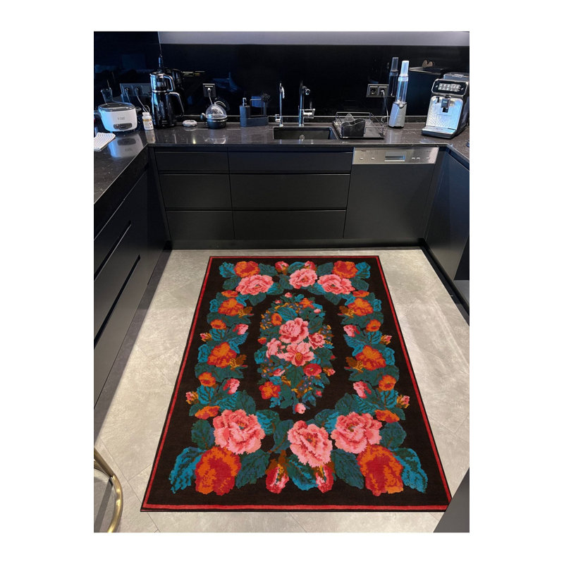 Tapis noir lavable décoratif à thème griffonné, Sous-tapis rectangulaire de 3 pi 3 po x 6 pi 7 po 