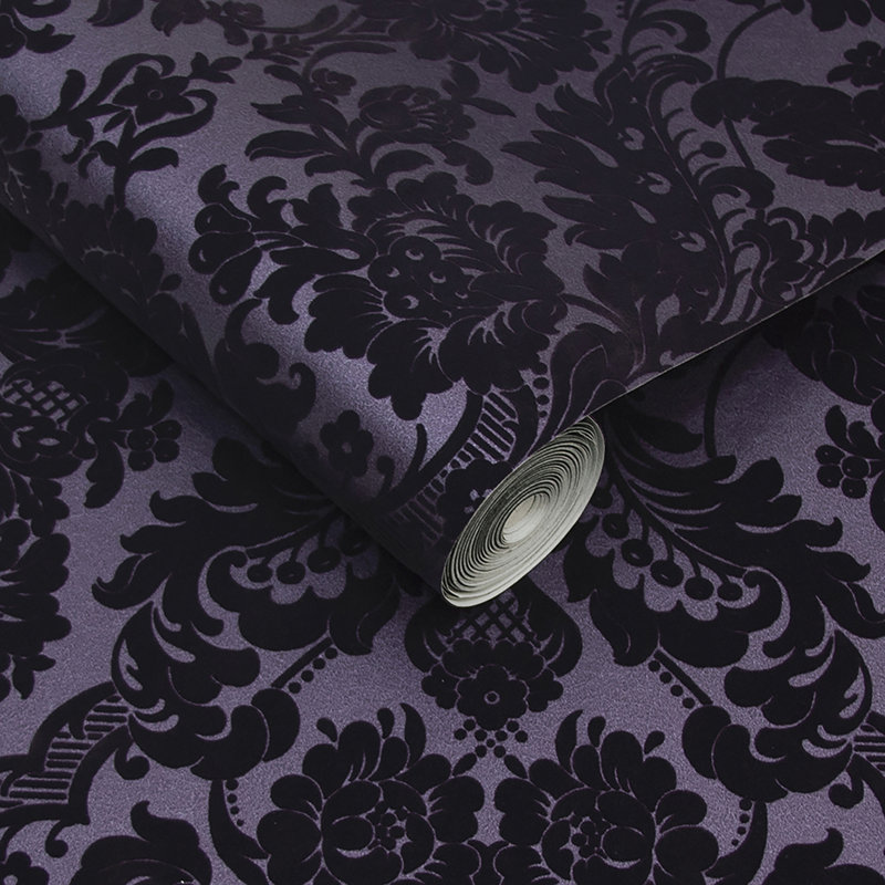 Damask Metallic Wallpaper Double Roll, Purple/Black