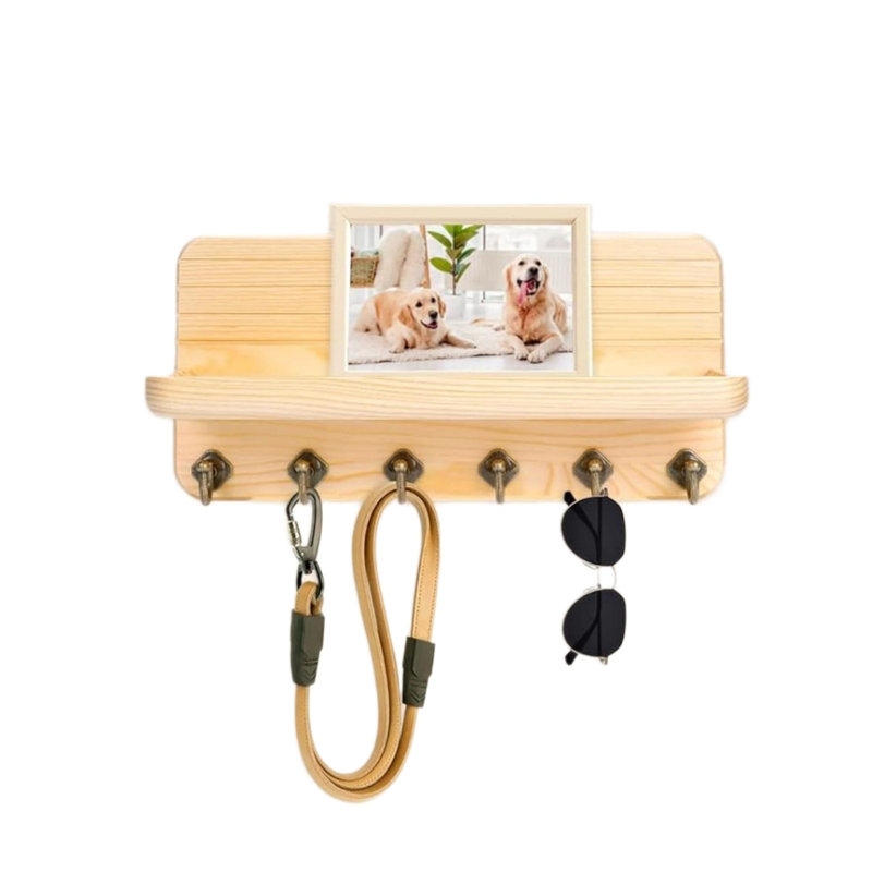 Wood Wall Organizer with Key Hooks, Beige