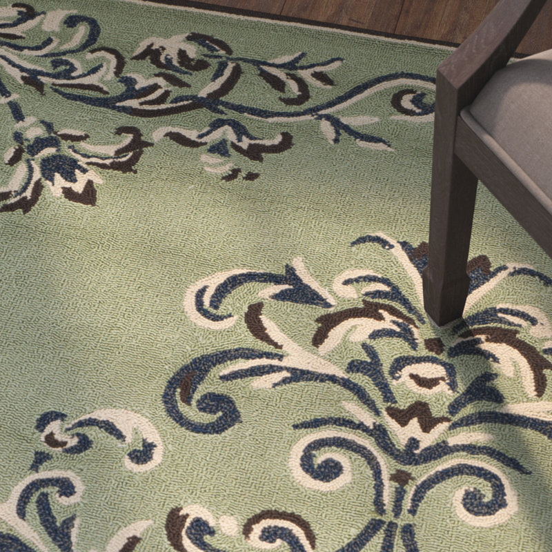Tapis intérieur / extérieur vert crocheté à la main à motif oriental Orr, Rond 6 pi