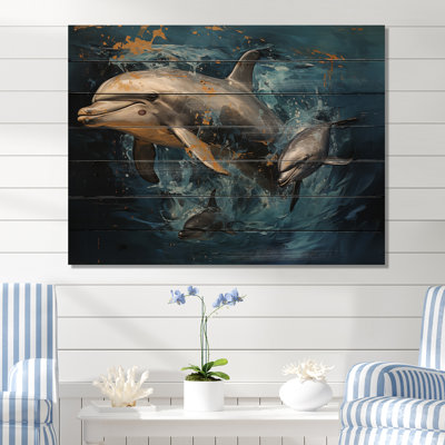 Blue Dancing Dolphines IV - Animals Dolphin On Wood Print