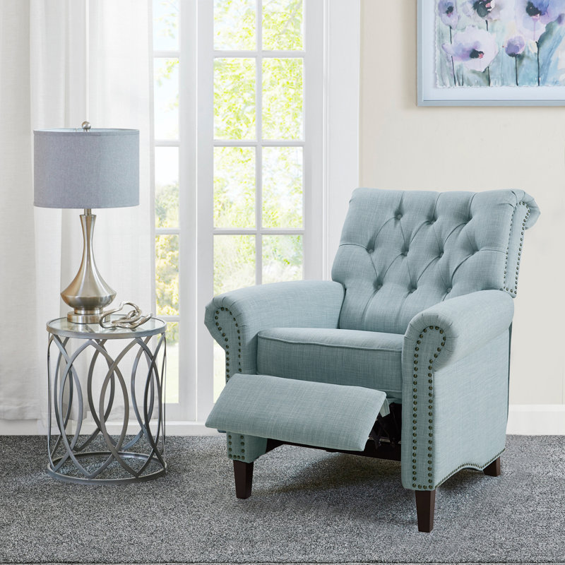 Bridin Upholstered Manual Push Back Recliner Chair with Nailheads, Light Blue Basketweave