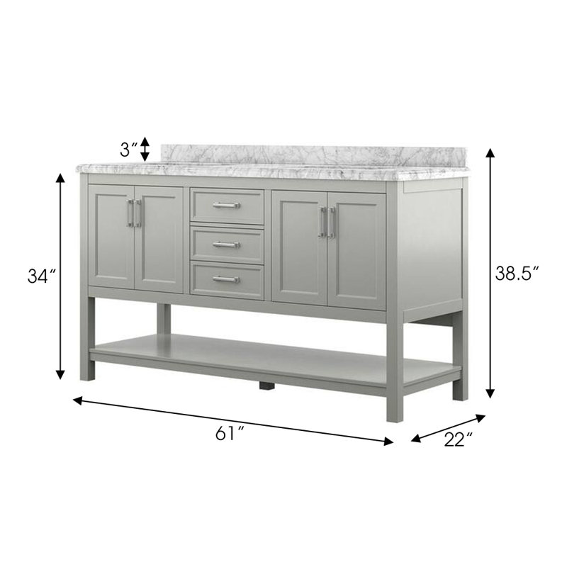 Meuble-lavabo à double cuve 61 po avec dessus en marbre de Carrare Pfarr, Gris