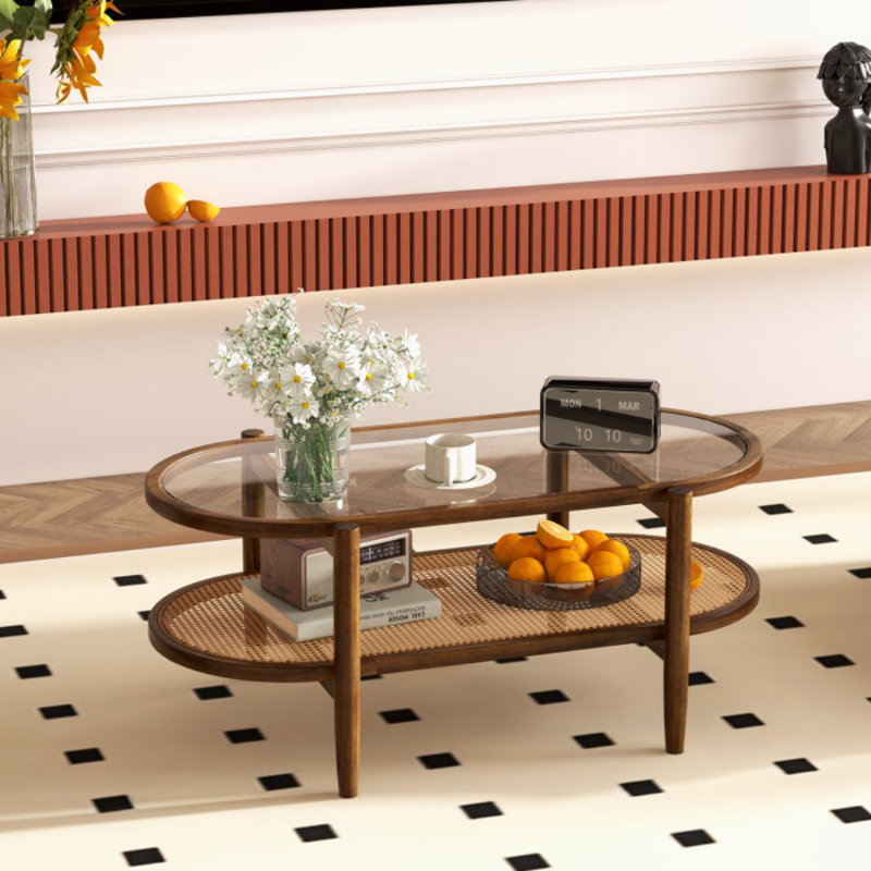 Table basse à 2 niveaux avec plateau en verre trempé et structure en bois d'acacia
