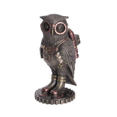 Industrial steampunk cast bronze resin owl shelf decor with jetpack, goggles and hand-painted copper, brass, brown — 6.1" h, 3" dia. base