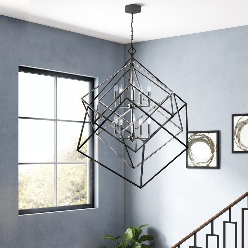 Lustre géométrique unique Goulart, 10, H 44,5 po x l 41,5 po x P 41,5 po, Chromé / noir mat