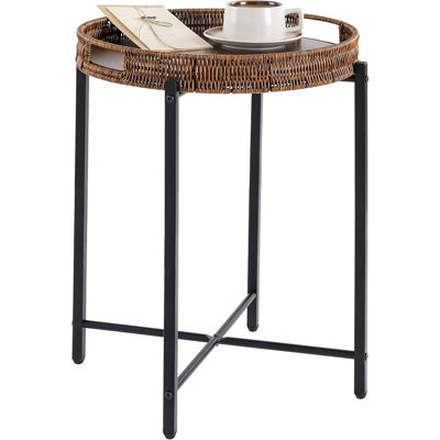 Side Table With Wooden Top, Small Wicker End Table For Indoor And Outdoor Use