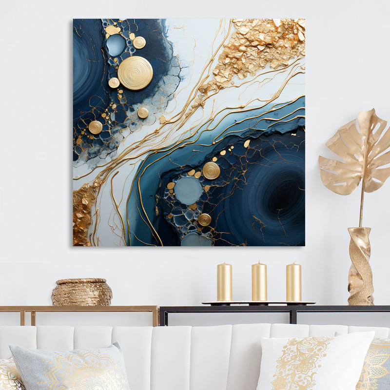 «Blue and Gold Marble River I» - art mural abstrait à l'encre liquide en métal, H 36 po x l 36 po