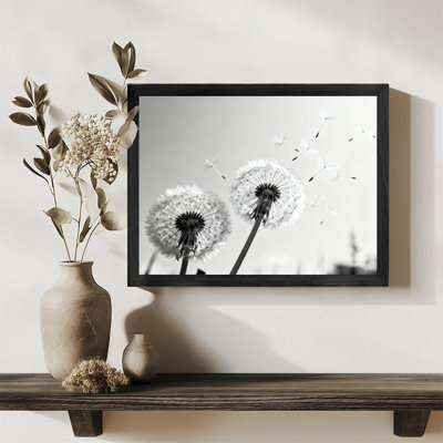 Reproduction d'art encadré noir, pissenlits rétro à la dérive au vent